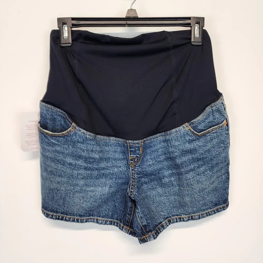 Isabel Denim Maternity Shorts Size 2 Crossover Panel Blue Stretch Comfort Casual